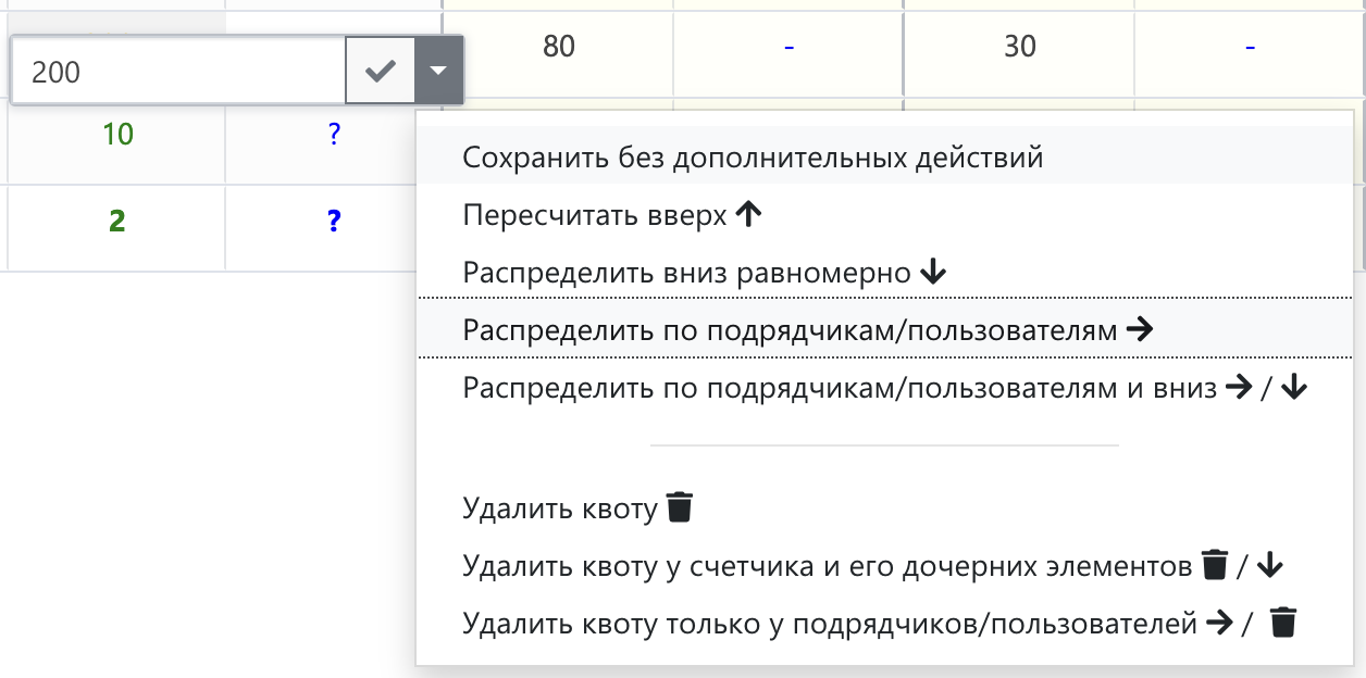 Меню действий